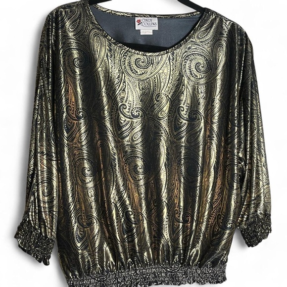 Vintage 80s Metallic Gold Lamé Black Paisley Batwing Blouse Retro Disco Top L - Picture 7 of 7